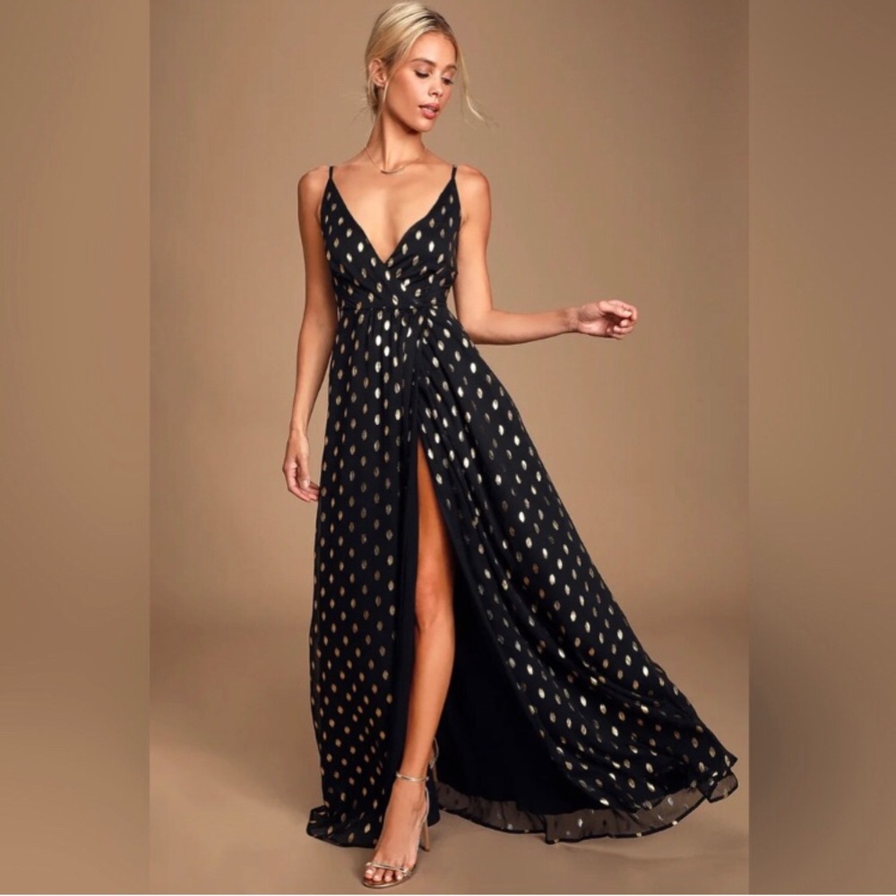 Lulus Women’s Galaxy Lights Faux Wrap Gold Foil Polka Dot Black Tank Maxi Dress
